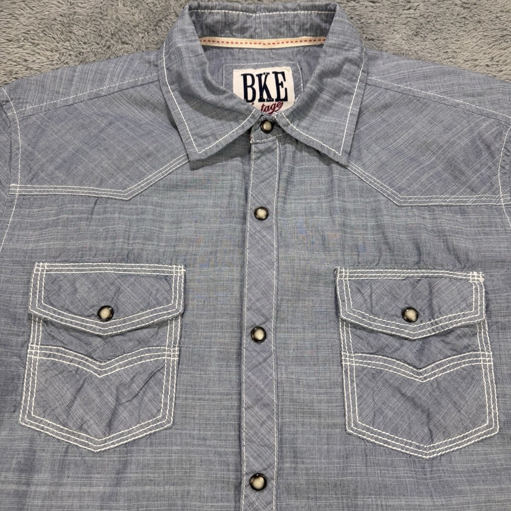 BKE Chambray Pearl Snap Shirt Men L Long Sleeve Western Cowboy
